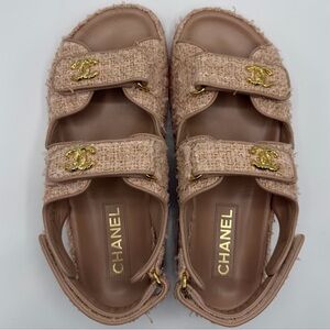 Chanel 2023 (23S) Light Pink Gold CC Logo Tweed Strap Dad Gate Sandals EU 39